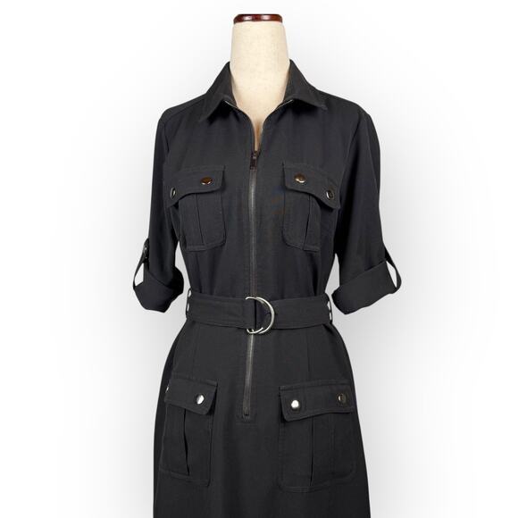 Sharagano Black Front Zip Dress with Cinch Waist Belt Cuffed Sleeves Size 4 - Picture 5 of 13